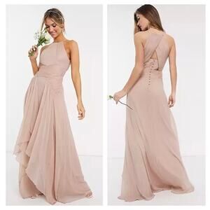 ASOS Design Bridesmaid Pink Blush Pinny Ruched Bodice Chiffon Maxi Dress Size 2